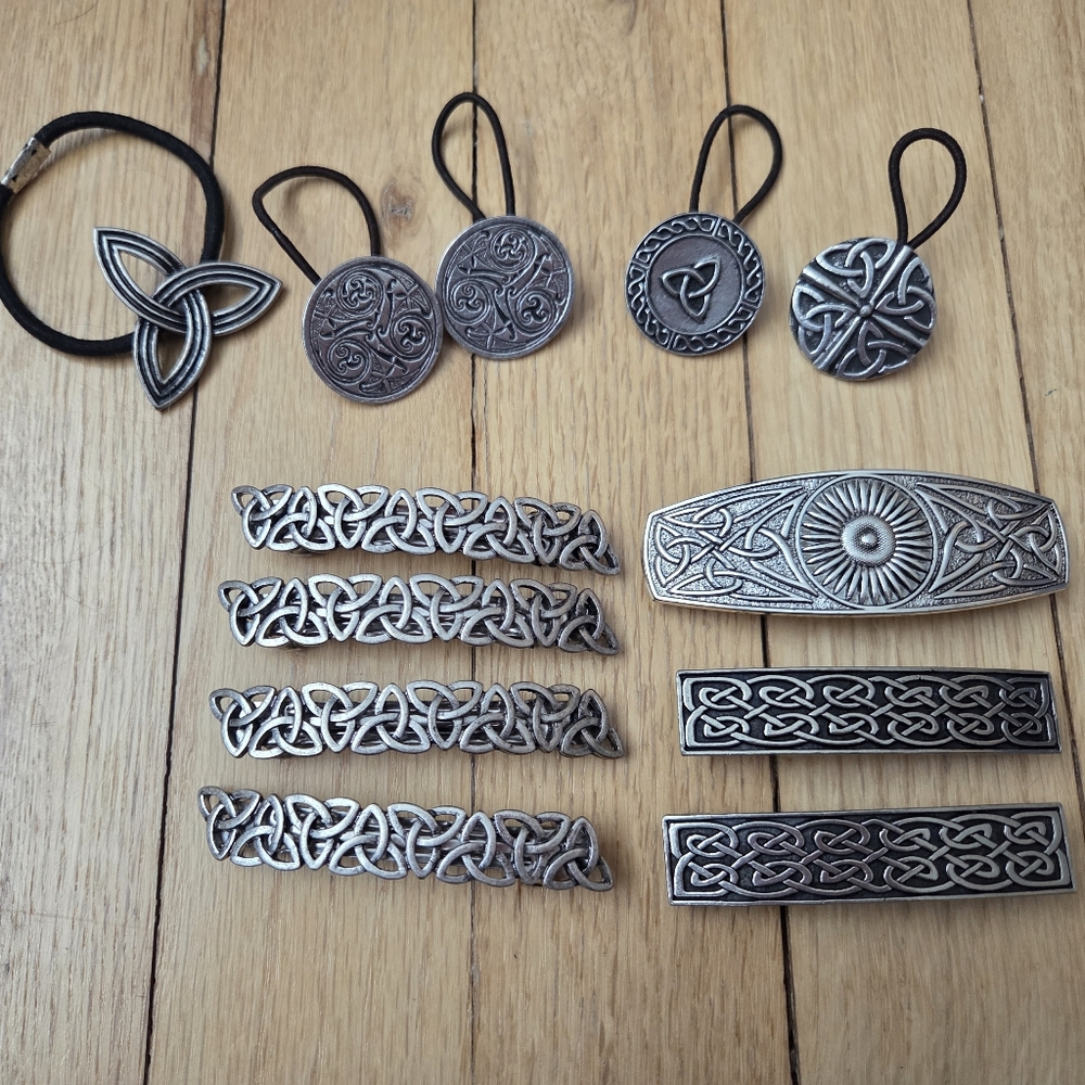 Silver Irish Celtic Hair Accessories Set - Barrettes And Hair Ties